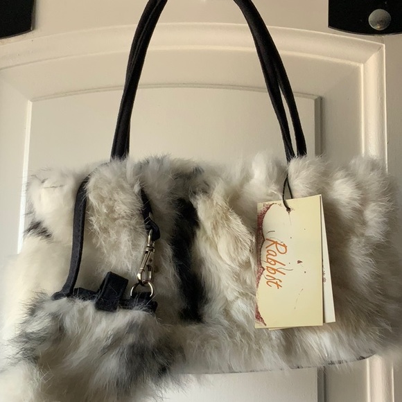 Handbags - Black And White Rabbit Fur Handbag With Small Bag Holder NWT